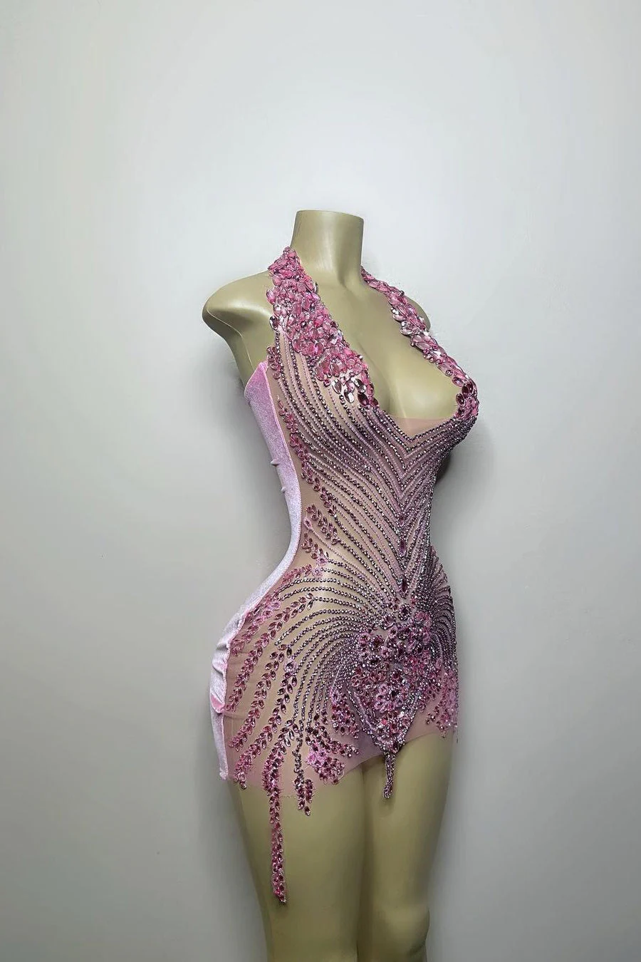 Sequined Mermaid Halter Jersey Beading Sleeveless Mini Rhinestone Party Dress With Feather - Image 2