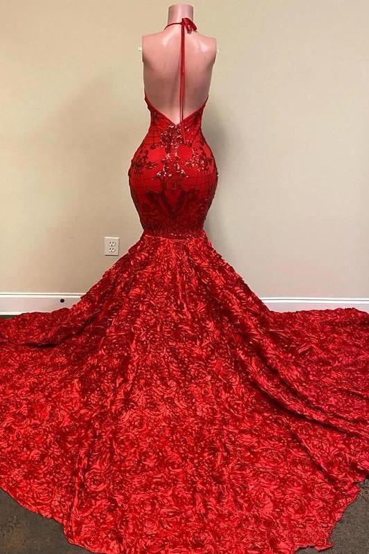 Burgundy Halter Mermaid V-neck Low back Flowers Prom Dresses - Image 2