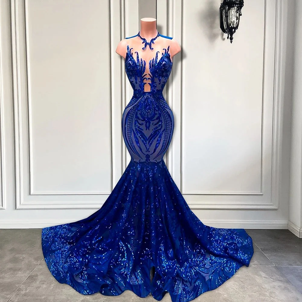 Sequins Royal Blue Sleeveless Mermaid Prom Dress - Image 2