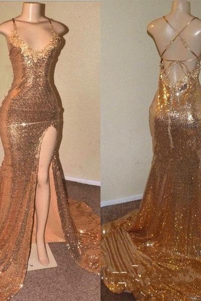 Sequins Sleeveless Front Slit Floor Length Mermaid Dresses - Image 2
