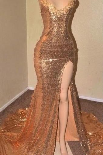 Sequins Sleeveless Front Slit Floor Length Mermaid Dresses - Image 3