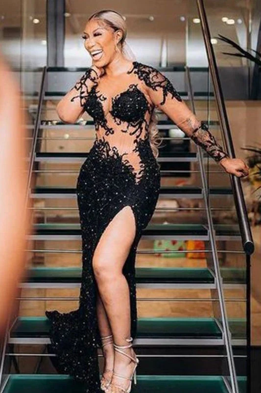 Sexy Black Long Sleeves Appliques Sequins Side Slit Prom Dress - Image 2