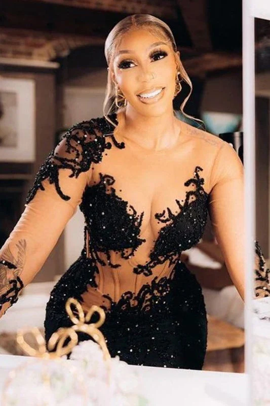 Sexy Black Long Sleeves Appliques Sequins Side Slit Prom Dress - Image 3