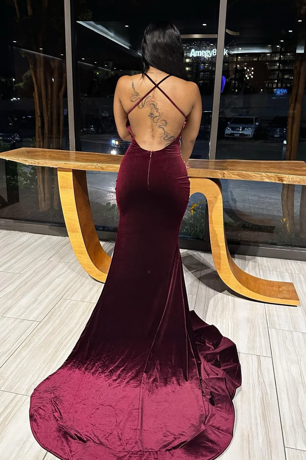 Sexy Burgundy V-Neck Open Back Appliques Velvet Prom Dress - Image 2