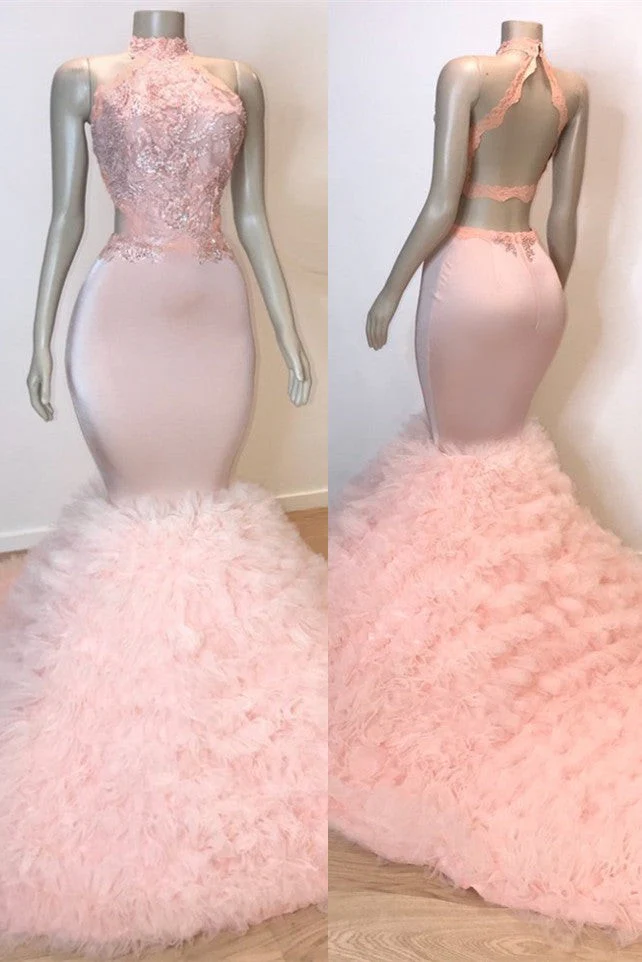 Sexy Chiffon High Collar Mermaid Prom Dress Sequins Pink Long - Image 2