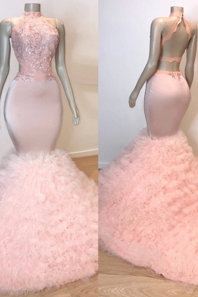 Sexy Chiffon High Collar Mermaid Prom Dress Sequins Pink Long - Image 3