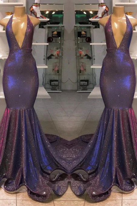Sexy Deep V-neck Chiffon Mermaid Prom Dress Sequins Long - Image 2