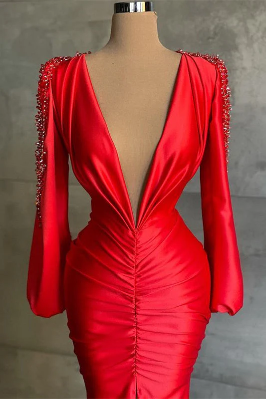 Sexy Deep V-Neck Red Long Sleeves Prom Dress Mermaid - Image 2