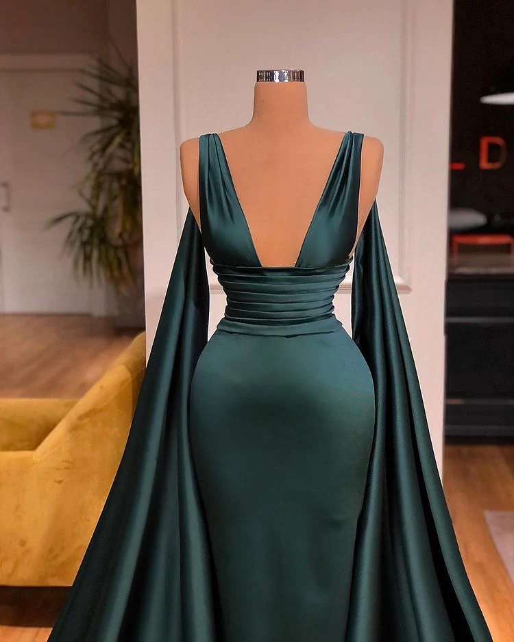 Sexy Deep V-Neck Sleeveless Long Evening Gowns Mermaid Prom Dress With Ruffles - Image 2