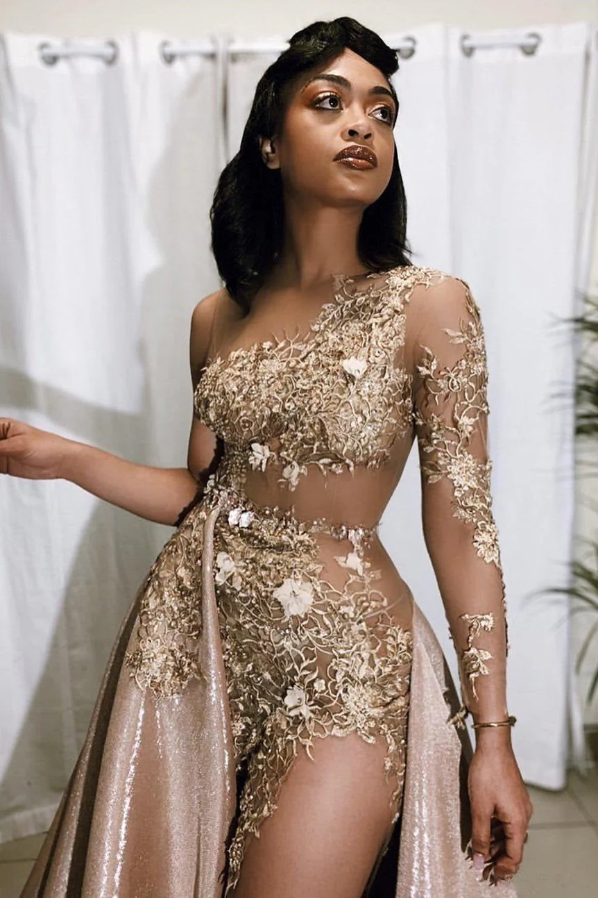 Sexy Gold Two-piece Prom Dress Sequins Long Sleeve On One Side - Image 2