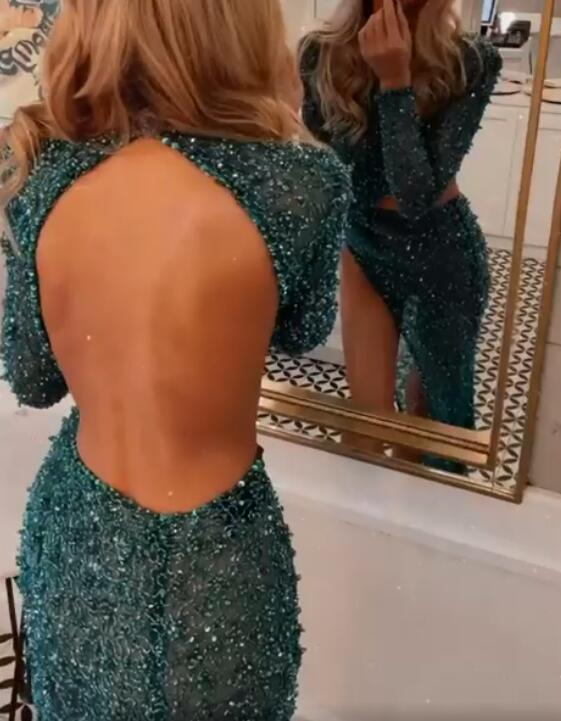 Sexy Green Long Sleeve Slit Prom Dress Long Sequins Beadings - Image 4