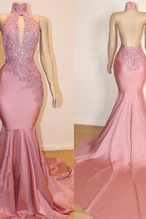 Sexy High Collar Mermaid Prom Dress Sequins Pink Long Backless - Image 2