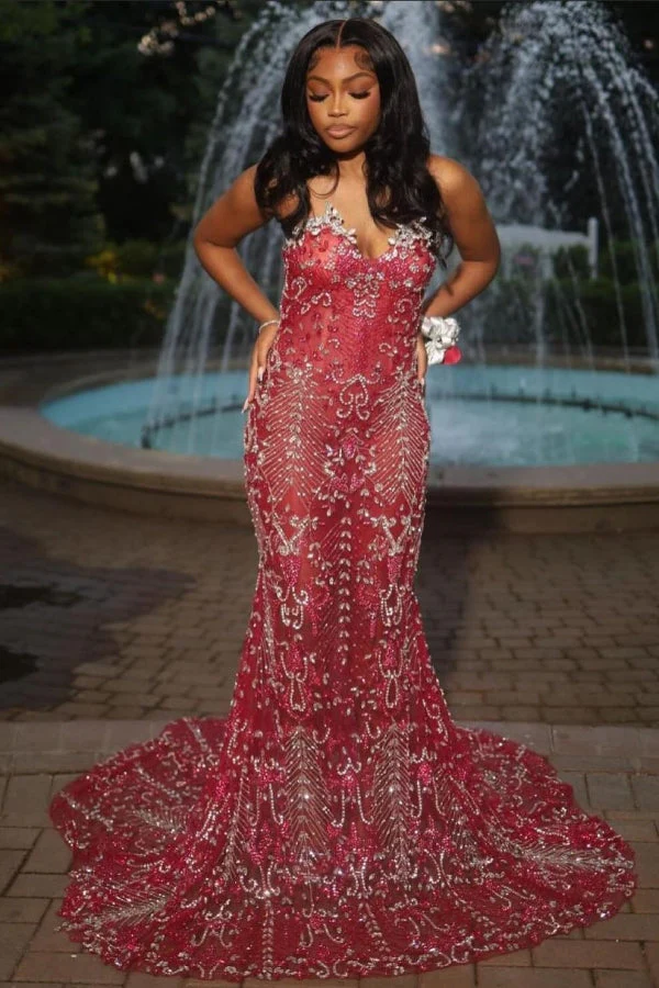 Sexy Hot Red Tulle Crystal Mermaid Sweetheart Prom Dress - Image 2