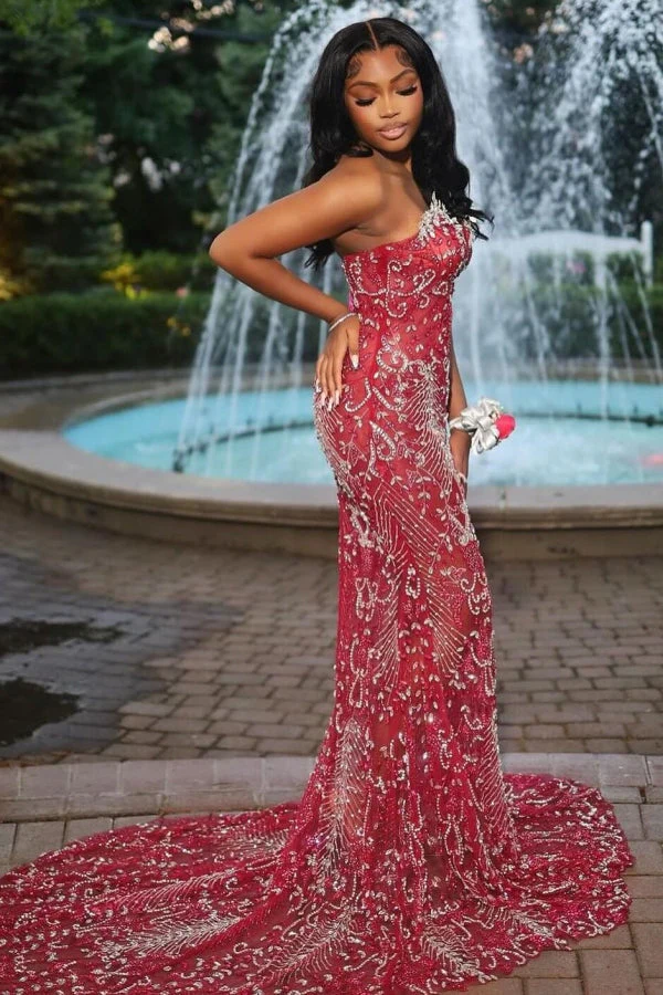 Sexy Hot Red Tulle Crystal Mermaid Sweetheart Prom Dress - Image 3
