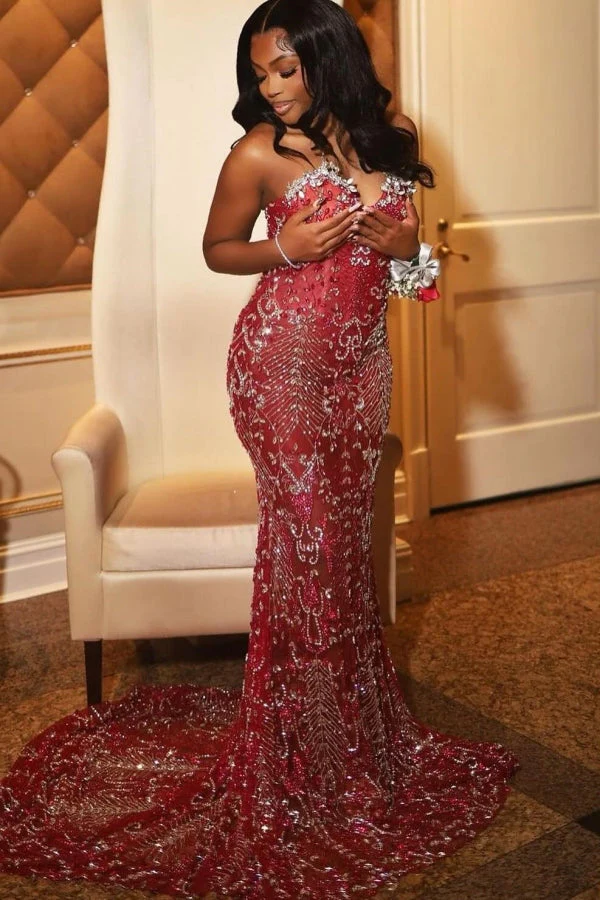 Sexy Hot Red Tulle Crystal Mermaid Sweetheart Prom Dress - Image 4