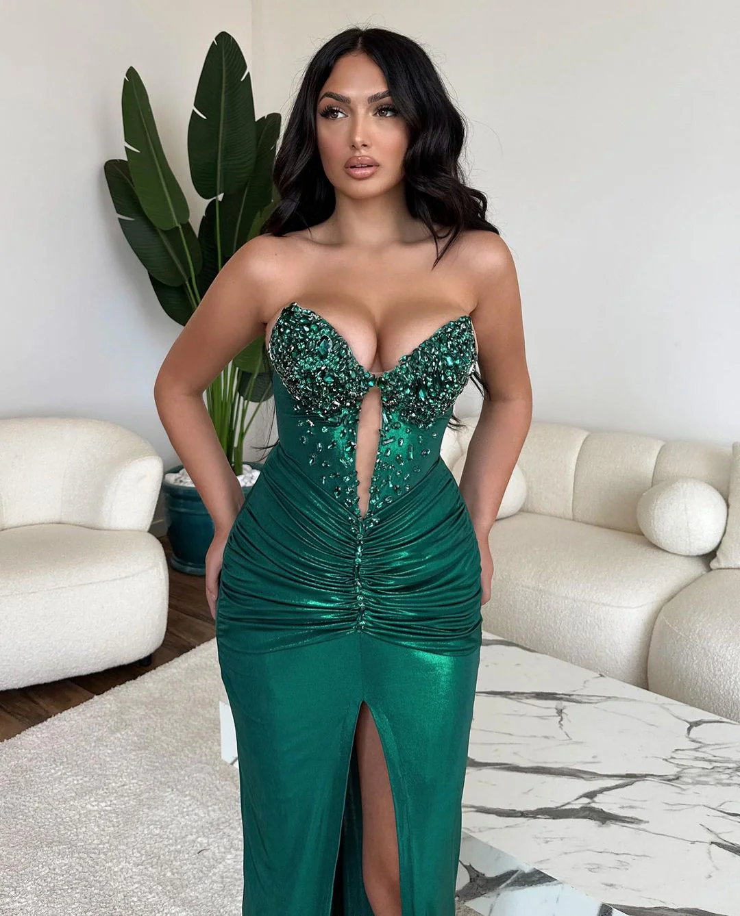 Fashion Long Green Mermaid Sequined Sleeveless Prom Dress With Slit - Image 2