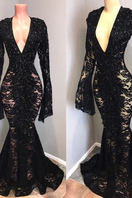 Sexy Long Sleeves Black Mermaid Prom Dress Lace V-neck Long - Image 4
