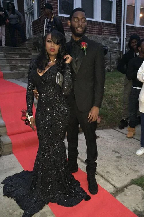 Sexy Long Sleeves Black Mermaid Prom Dress Sequins V-neck Long - Image 2