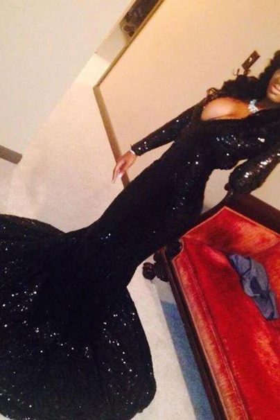 Sexy Long Sleeves Black Mermaid Prom Dress Sequins V-neck Long - Image 3