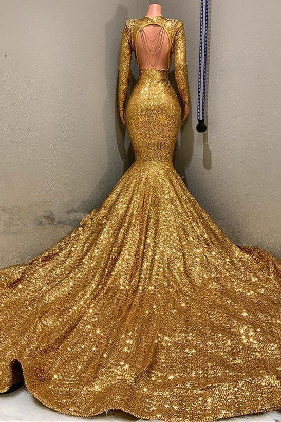 Sexy Long Sleeves Gold Mermaid Prom Dress Sequins V-neck Backless Long - Image 2