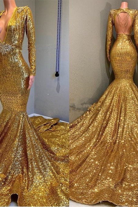 Sexy Long Sleeves Gold Mermaid Prom Dress Sequins V-neck Backless Long - Image 3
