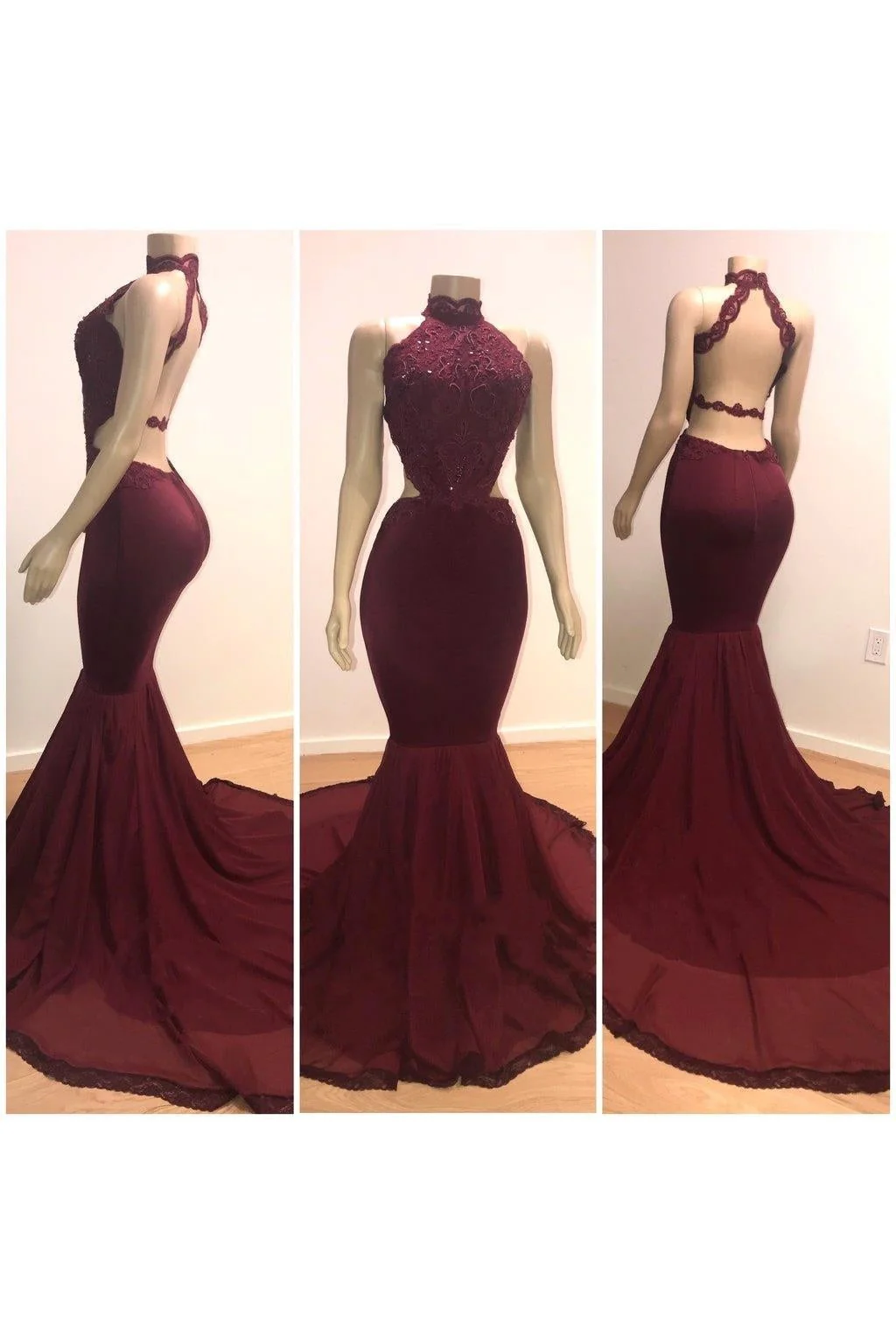 Sexy Backless Halter Mermaid Prom Dress Burgundy Long Chiffon Backless - Image 2