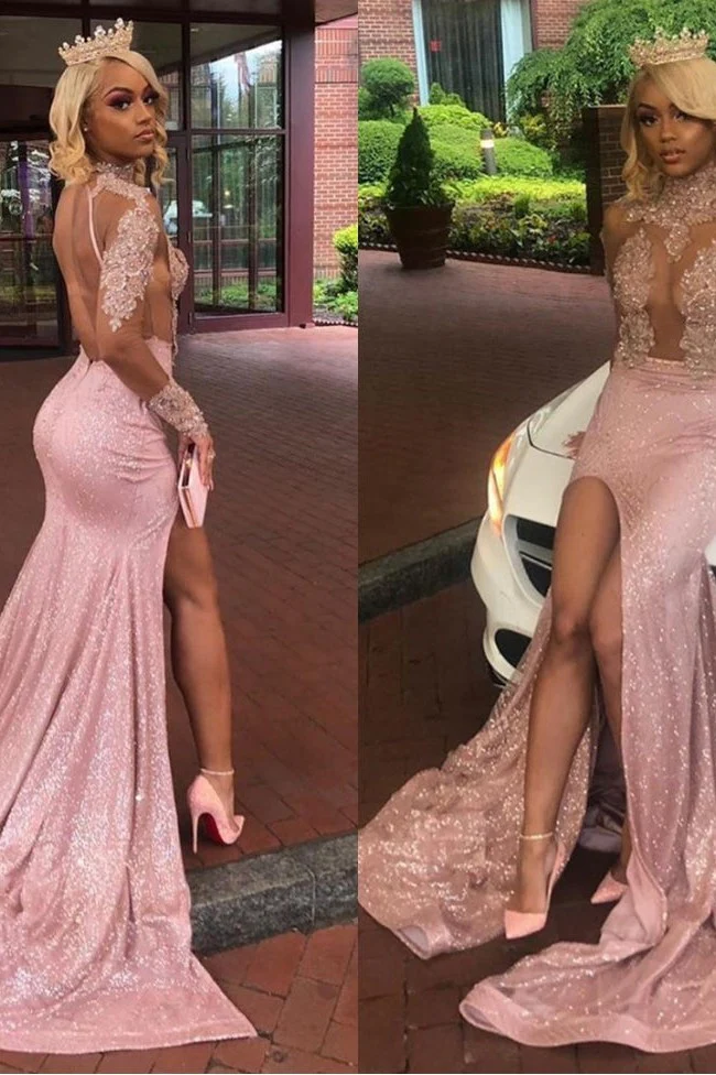 Sexy Long Sleeves Round Collar Prom Dress Pink Sequins Long Backless With Split - Image 3
