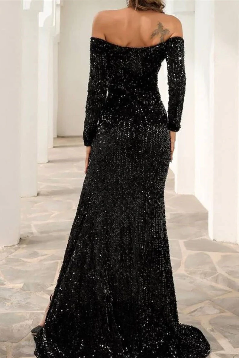 Stunning Off The Shoulder Black Prom Dress Sequined Front-Split Evening Gowns With Long Sleeves - Image 3