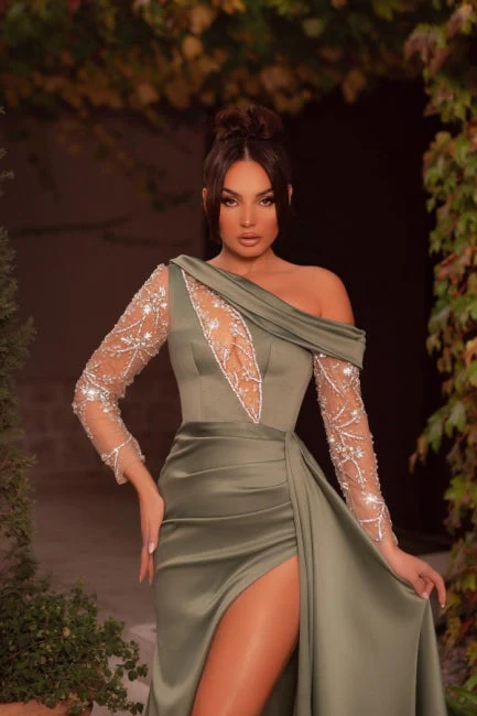 New Arrival One Shoulder Beading Split Graduation Dresses Long Prom Dresses With Long Sleeves - Image 2
