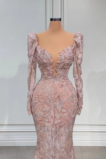 Ballbella Designer Pink V-neck Lace Mermaid Prom Dress Evening Gowns With Long Sleeves - Image 2