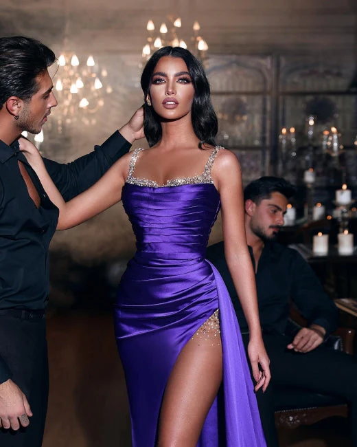 Classic Purple Glitter Sleeveless Mermaid Prom Dress With Split - Image 2