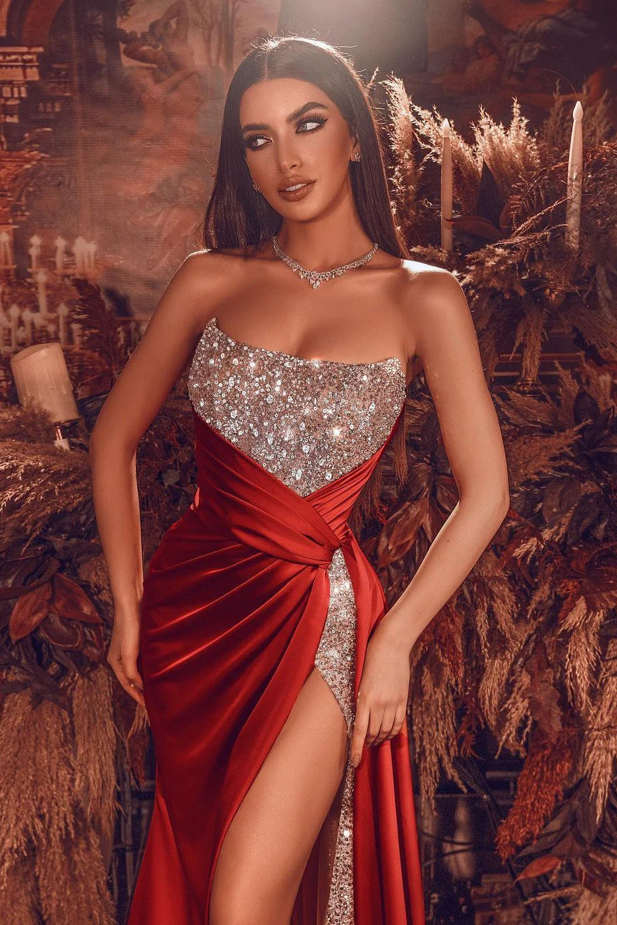 Sexy Red Front Slit Chiffon Evening Dress Strapless Sequins Long - Image 3