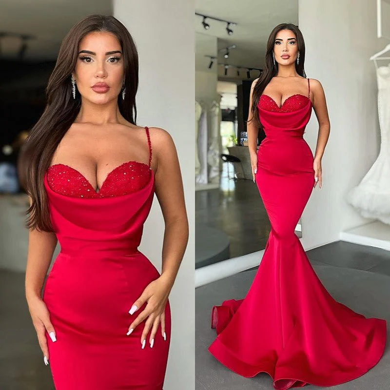 Sexy Red Spaghetti-Straps Mermaid Prom Dress Long On Sale - Image 3