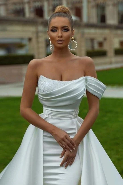 Ballbella Designer Satin Sleeveless Sequined Wedding Dress With Slit Off-the-shoulder - Image 3
