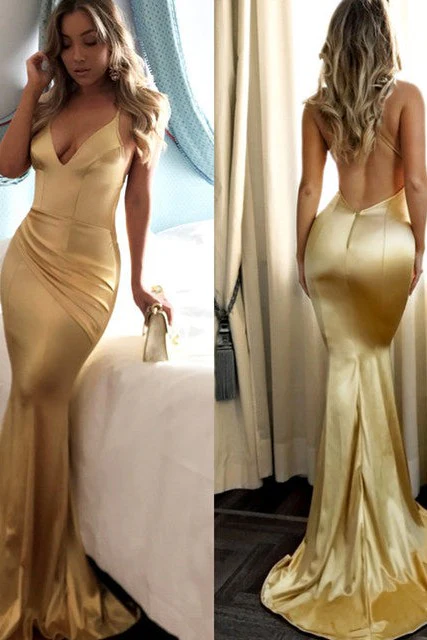 Sexy Spaghetti Straps Backless Mermaid Prom Dress Sequins V-Neck Chiffon Gold Long - Image 2