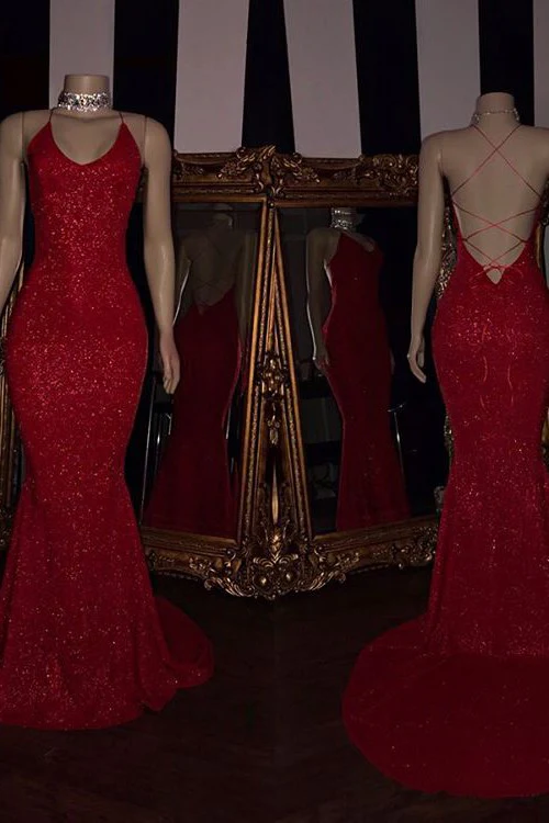Sexy Spaghetti Straps Red Mermaid Prom Dress Sequins Chiffon Long - Image 2