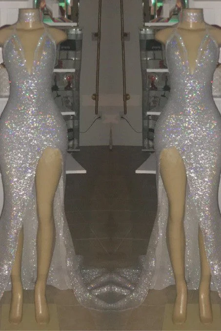 Sexy Spaghetti Straps Silvery Mermaid Prom Dress Sequins Chiffon Long With Split - Image 2