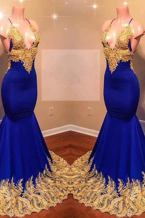 Sexy Spaghetti Straps V-Neck Mermaid Prom Dress Sequins Blue Long Chiffon - Image 2