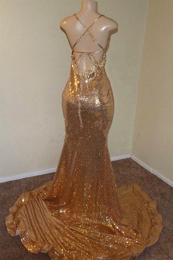 Sexy Spaghetti Straps V-Neck Mermaid Prom Dress Sequins Long Chiffon Gold With Split - Image 2