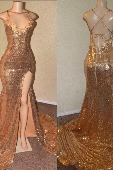Sexy Spaghetti Straps V-Neck Mermaid Prom Dress Sequins Long Chiffon Gold With Split - Image 3