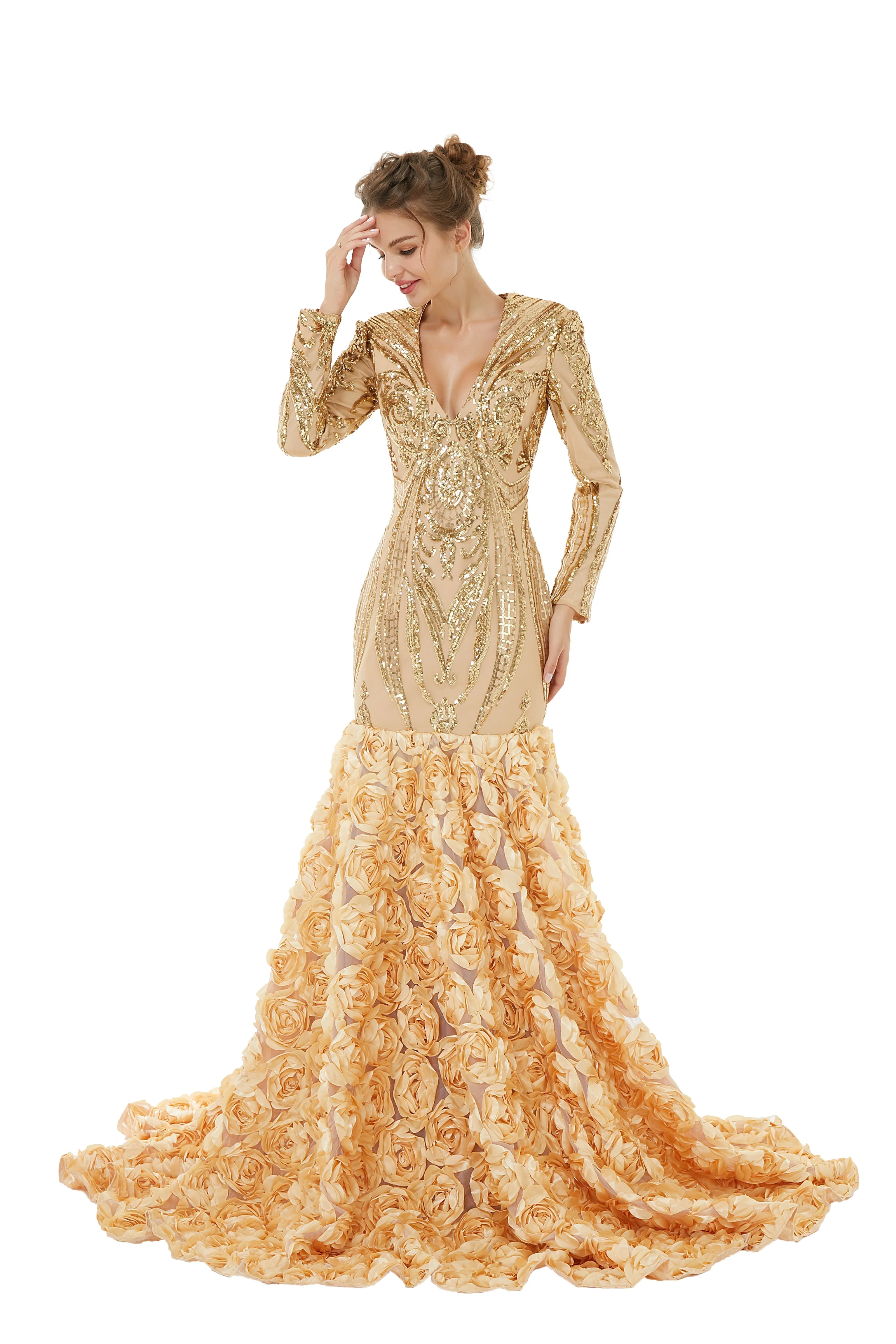 Sexy Sparkle Red Long sleeves V-neck Flowers Prom Dress | Ballbella Real Shooting - Image 10