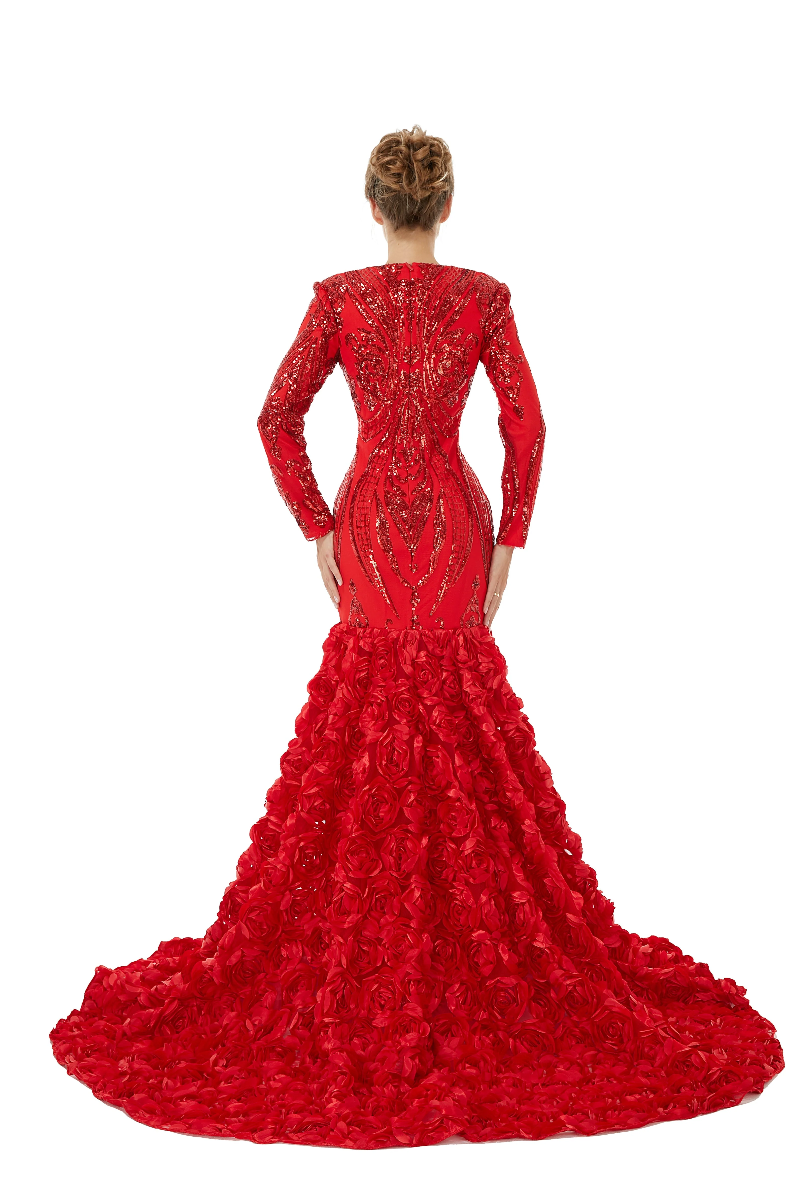 Sexy Sparkle Red Long sleeves V-neck Flowers Prom Dress | Ballbella Real Shooting - Image 2
