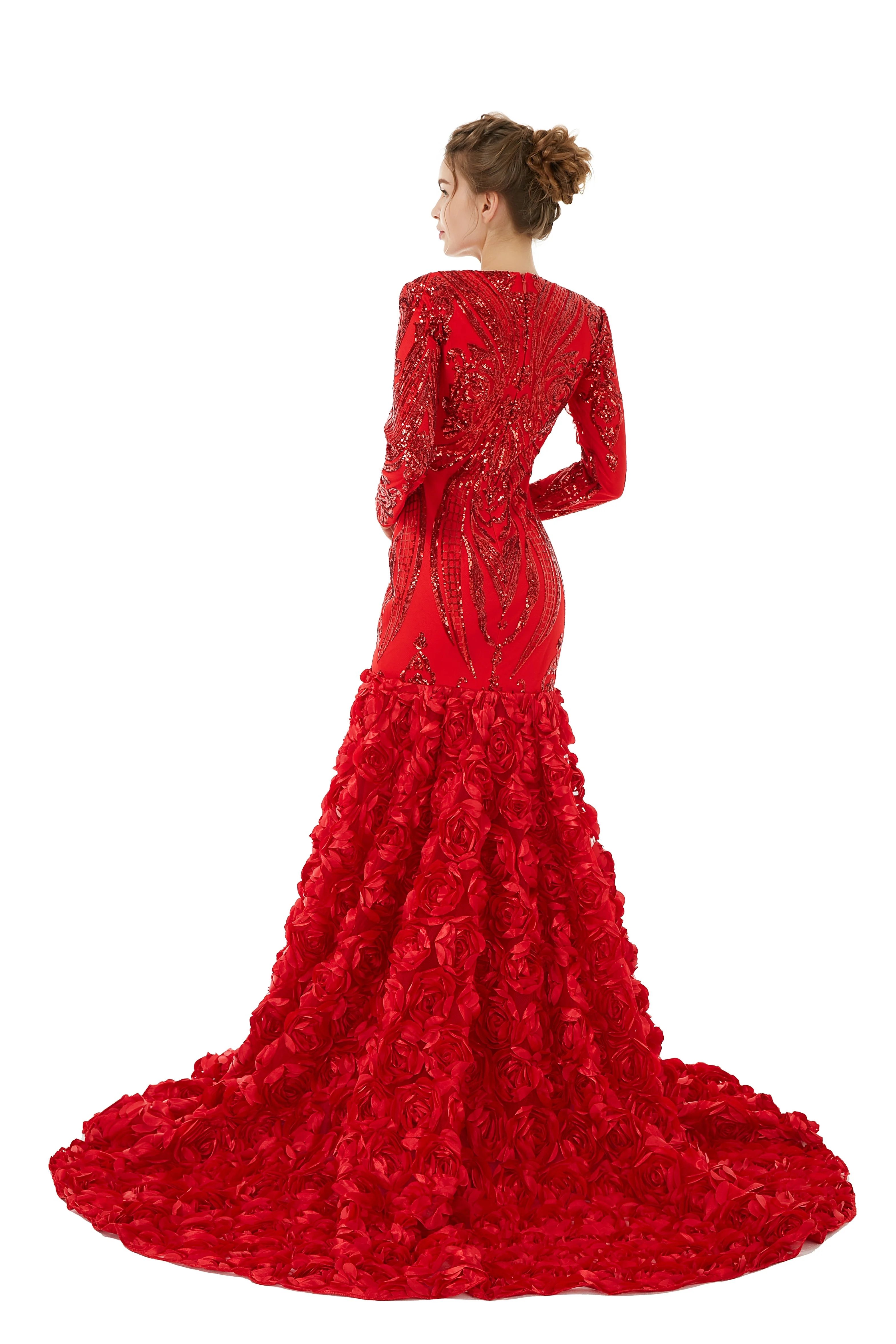 Sexy Sparkle Red Long sleeves V-neck Flowers Prom Dress | Ballbella Real Shooting - Image 3