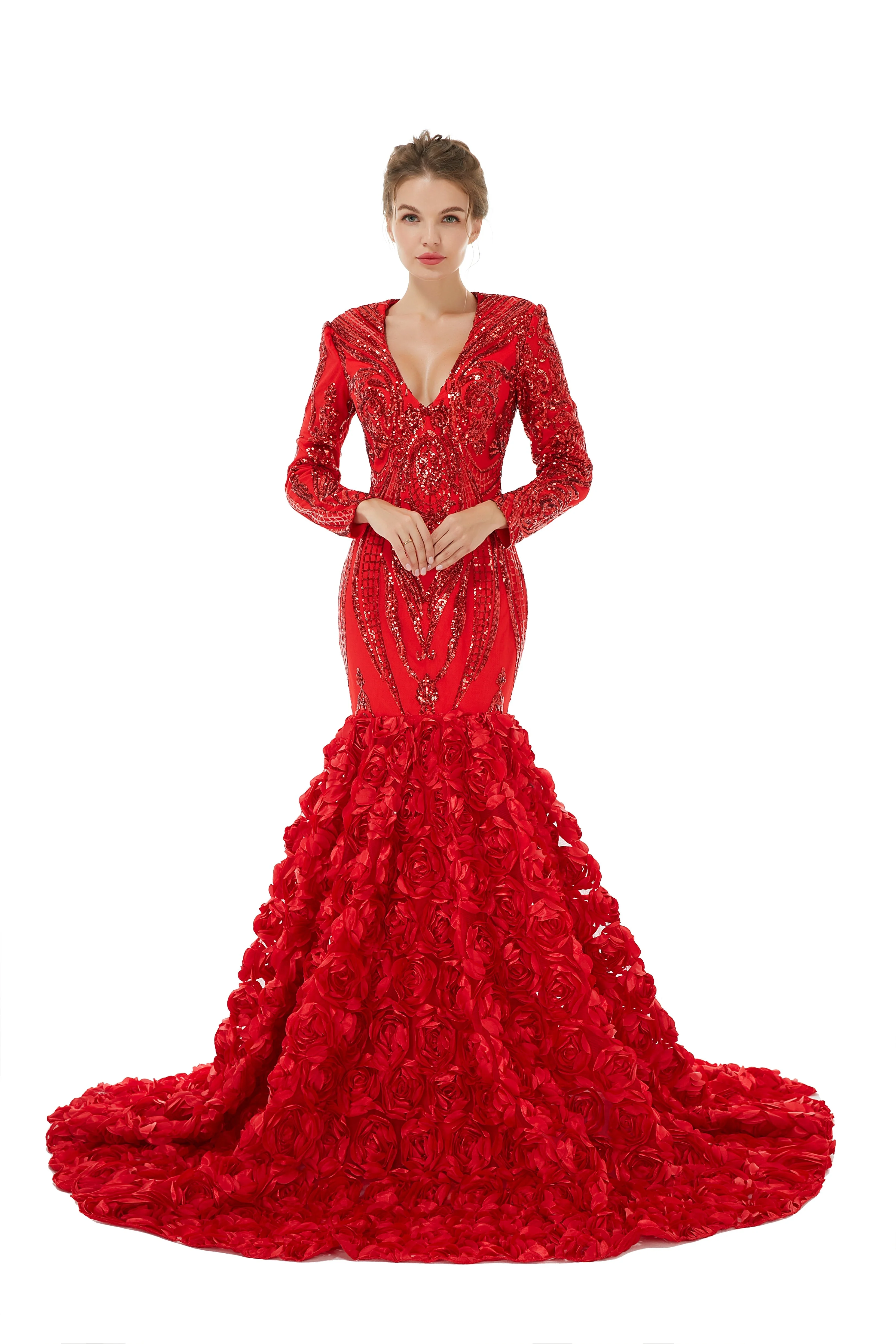 Sexy Sparkle Red Long sleeves V-neck Flowers Prom Dress | Ballbella Real Shooting - Image 4