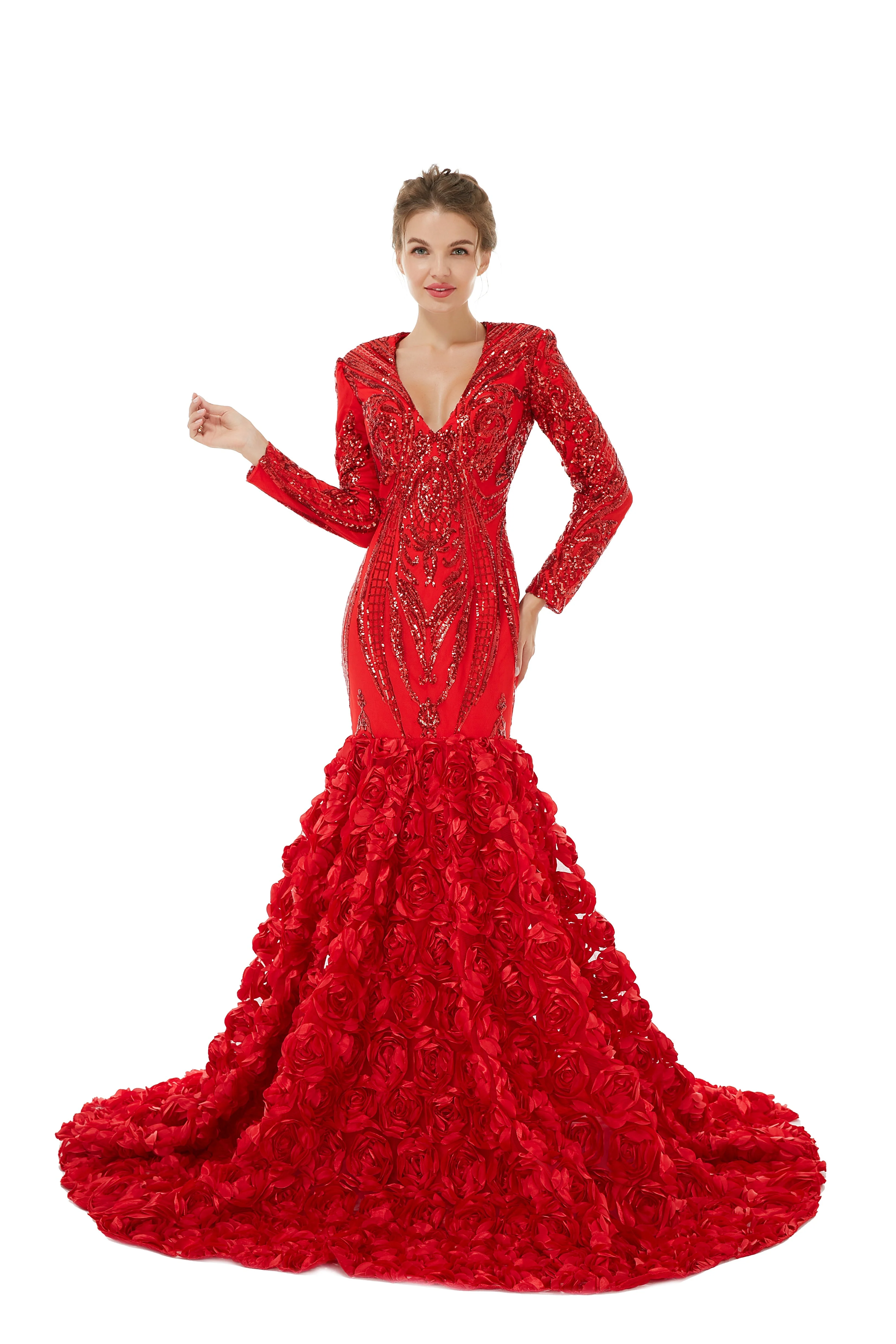 Sexy Sparkle Red Long sleeves V-neck Flowers Prom Dress | Ballbella Real Shooting - Image 5
