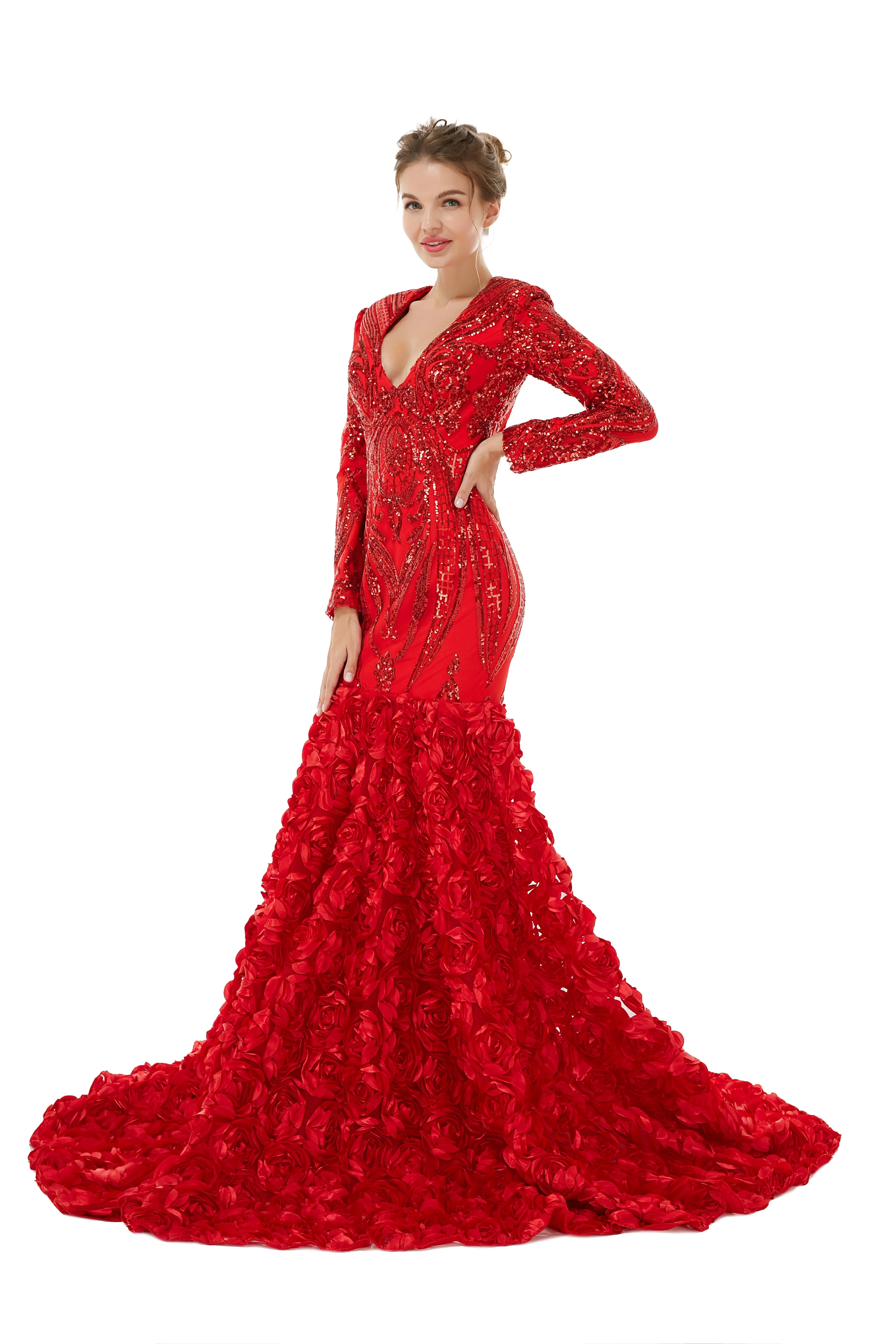 Sexy Sparkle Red Long sleeves V-neck Flowers Prom Dress | Ballbella Real Shooting - Image 6