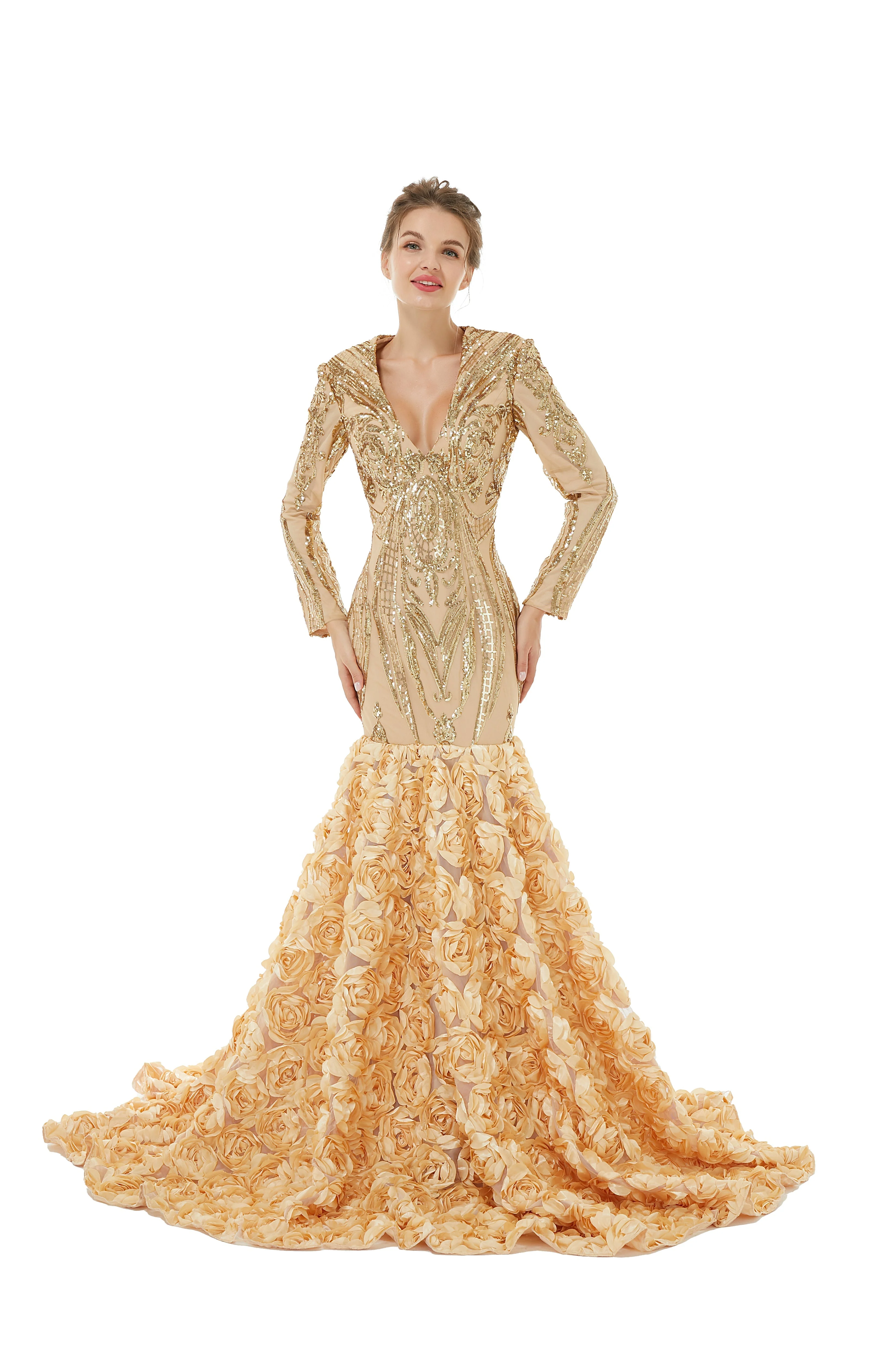 Sexy Sparkle Red Long sleeves V-neck Flowers Prom Dress | Ballbella Real Shooting - Image 7