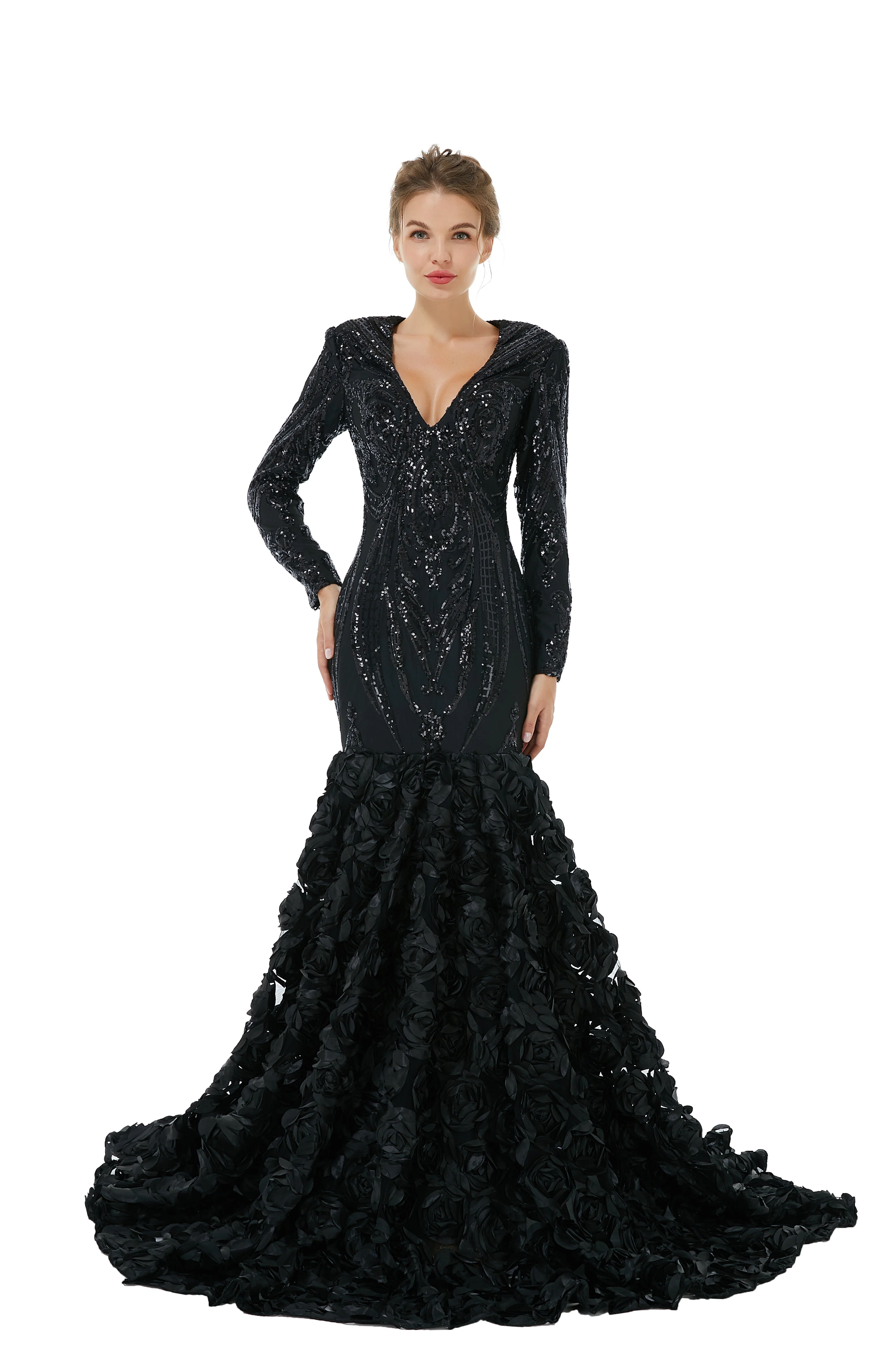 Sexy Sparkle Red Long sleeves V-neck Flowers Prom Dress | Ballbella Real Shooting - Image 8