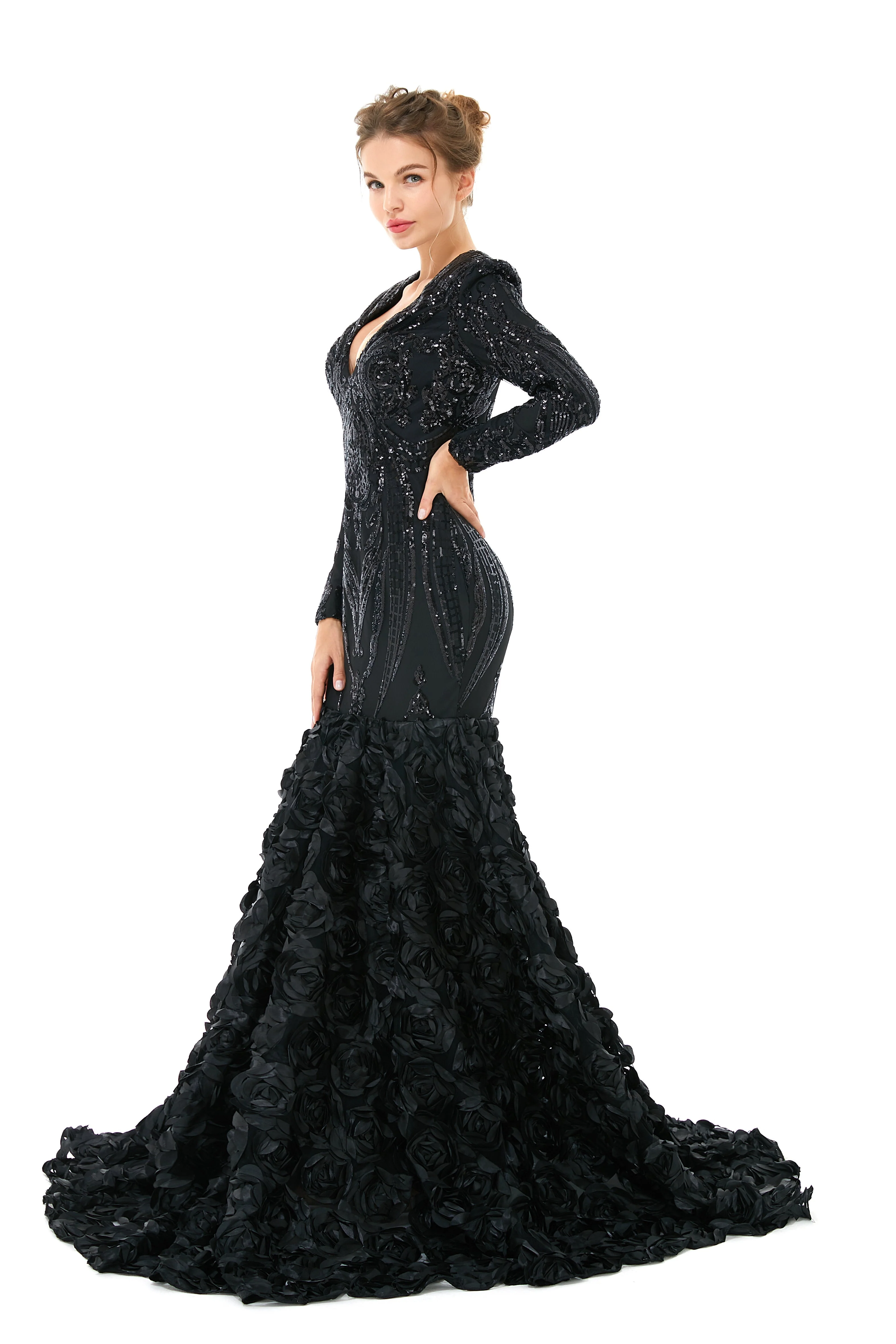 Sexy Sparkle Red Long sleeves V-neck Flowers Prom Dress | Ballbella Real Shooting - Image 9