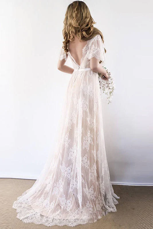 Sexy Tulle V-neck Short Sleeves Wedding Dress Lace Long - Image 2
